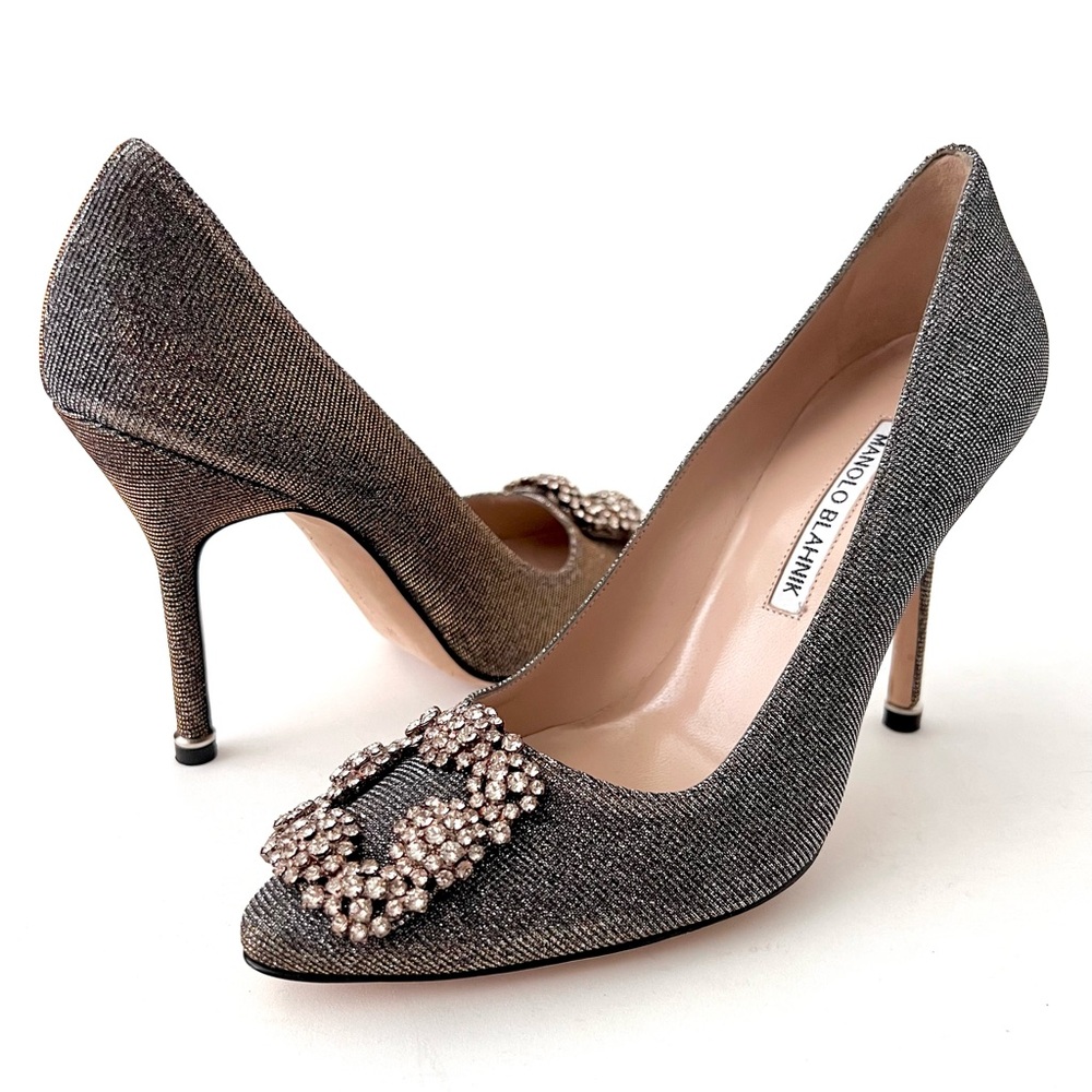 MANOLO BLAHNIK | Hangisi Dark Gold Glitter Fabric Jewel Buckle Pumps EU 37 US 7